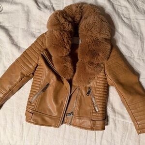 Faux fur lined girls biker jacket with detachable collar, girl size 6
